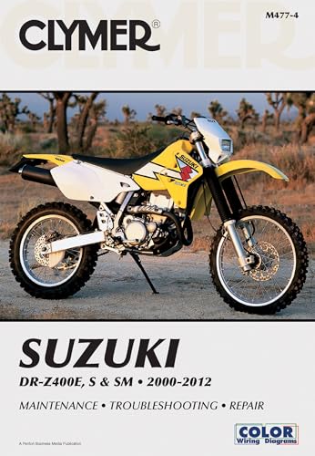 Clymer repair manual cover featuring a yellow Suzuki DR-Z400E motorcycle.