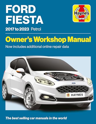 Haynes Ford Fiesta 2017-2023 petrol owner's workshop manual cover with white car illustration.