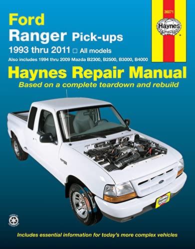 White Ford Ranger pickup truck with open hood, Haynes repair manual cover.