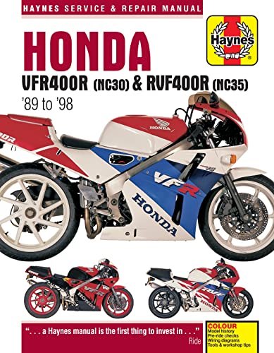Haynes repair manual cover featuring a red and white Honda VFR400R motorcycle.