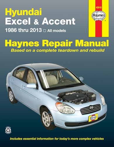 Haynes repair manual cover for Hyundai Excel & Accent cars, 1986-2013.