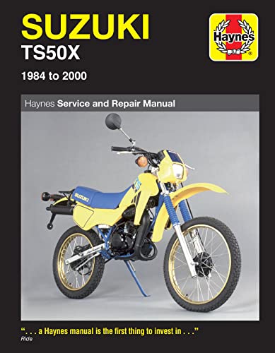 Yellow Suzuki TS50X motorcycle shown on a Haynes service manual cover.