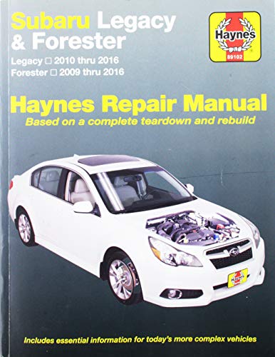 Haynes repair manual cover featuring a white Subaru Legacy with engine detail.