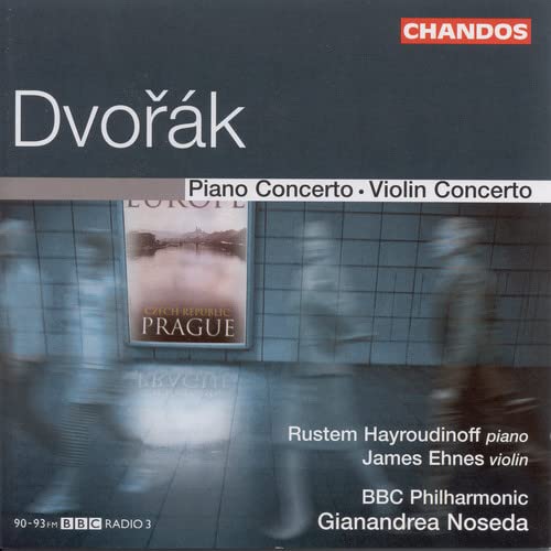 CD cover for Dvořák’s Piano and Violin Concertos, featuring Prague imagery.