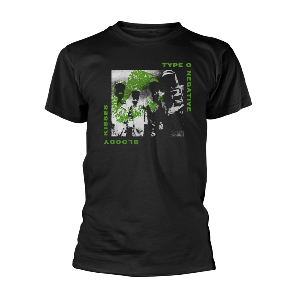 Black t-shirt with graphic of three figures in hazmat suits kissing.