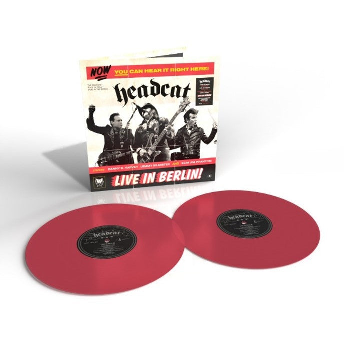 Red vinyl 2LP of HeadCat’s “Live in Berlin” with album cover displayed.