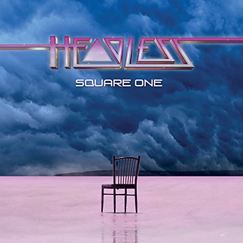 CD cover: band name "Headless", chair on pink ground, stormy sky.