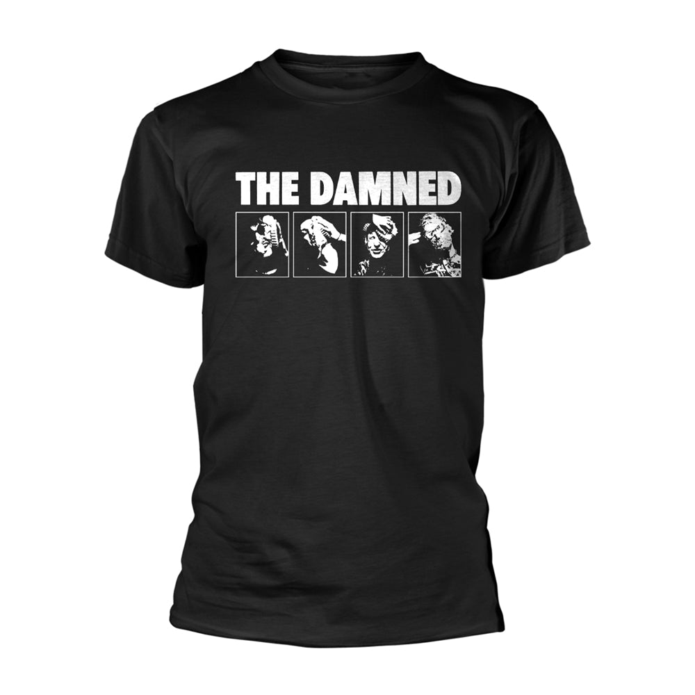 Black t-shirt with white graphic of five band members’ headshots.