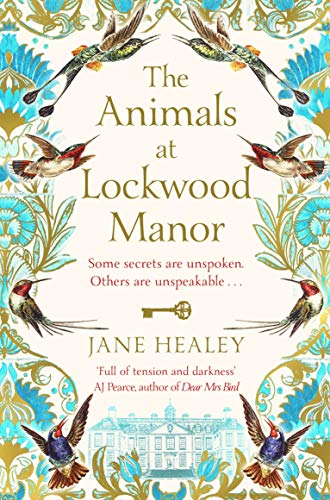 Book cover: “The Animals at Lockwood Manor” with birds and gold floral design.
