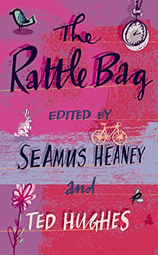 Book cover for The Rattle Bag with pink background, illustrations, and black handwritten text.
