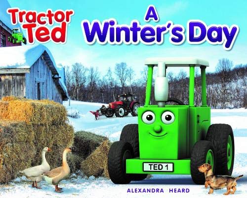 A green cartoon tractor with a face stands in a snowy farmyard with geese.