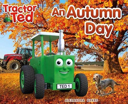 Green cartoon tractor with a face and a small dog in an autumn forest.
