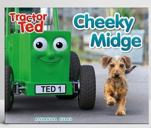 A green cartoon tractor with a face and a small brown dog running together.