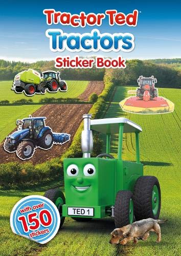 Tractor Ted Tractors sticker book cover featuring a green cartoon tractor and farm scenery.