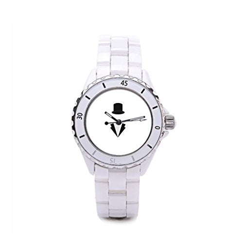 A white wristwatch with a top hat and tuxedo icon on the face.