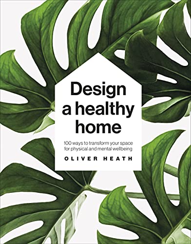 Book cover with large monstera leaves and bold title: "Design a healthy home".