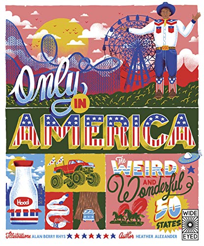 Book cover, "Only in America!", featuring Americana imagery and colorful illustrations.