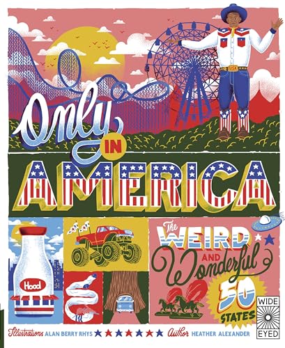 Book cover: “Only in America” with Americana imagery and illustrations.