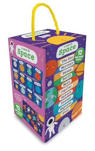 A purple carrying case containing twelve space-themed mini board books with a yellow handle.