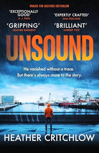 Book cover: “Unsound” with a lone figure by a harbor landscape.
