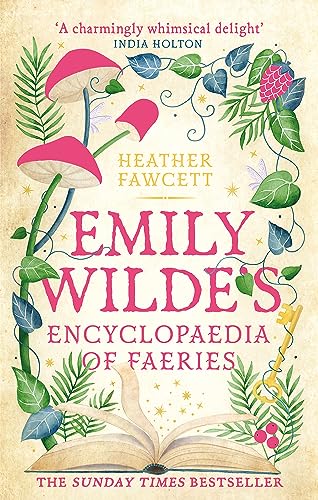 Book cover with illustrated faeries, mushrooms, an open book, and a key.