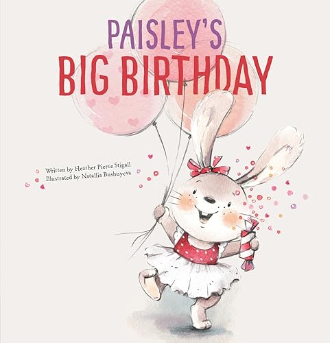 Bunny holding balloons and a party favor, illustrated children’s book cover.