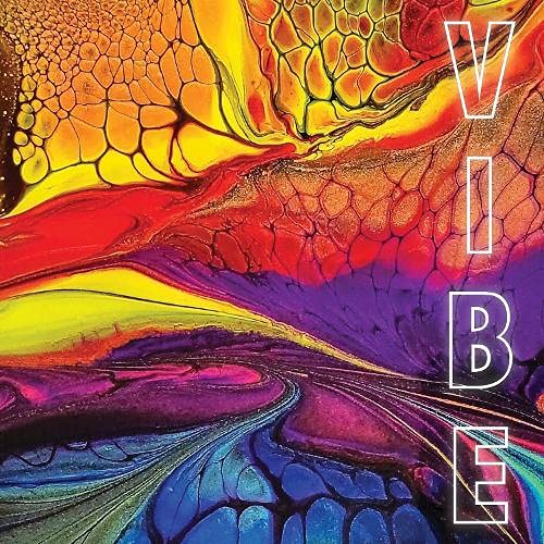 Abstract fluid art in vibrant colors with the word "VIBE" vertically aligned.