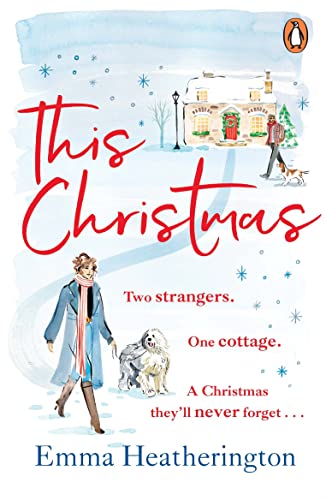 Book cover with illustrated winter scene, woman, dog, and cottage.