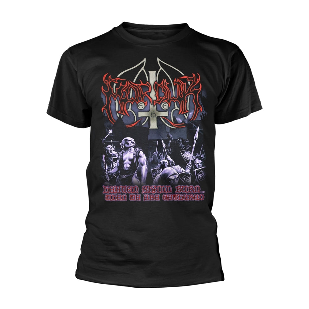 Black t-shirt with a fiery, gothic design and band imagery.