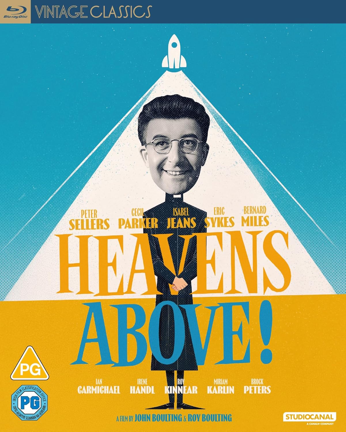 Blu-ray cover for “Heavens Above!” featuring Peter Sellers in a blue and yellow design.