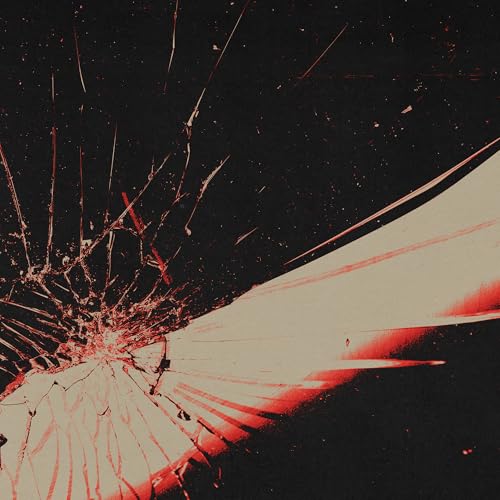 Abstract album cover with cracked glass effect and red highlights.