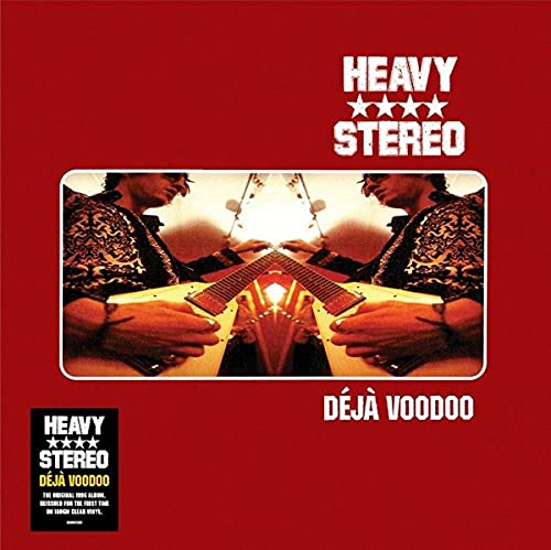 Red album cover for Heavy Stereo’s “Déjà Voodoo” featuring mirrored figures with guitars.