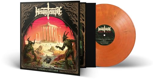Heavy Temple vinyl record with orange, black, and red marbled coloring.