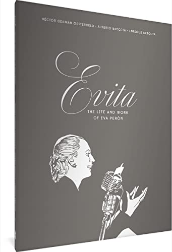 Book cover featuring a portrait of Eva Perón speaking into a microphone.