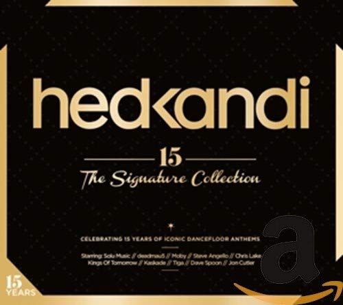 Black CD cover with gold text and border, Hed Kandi logo and 15th anniversary details.