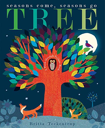 Colorful illustrated tree with foxes, bird, and moon, peek-through holes.