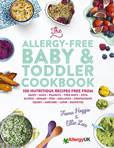 Cookbook cover with baby food images and allergy-free recipe list.