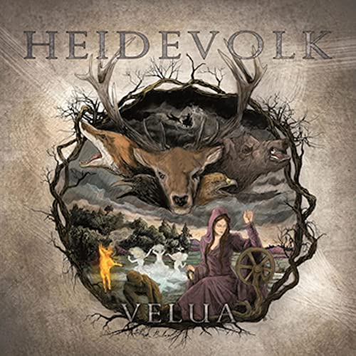 Album cover art featuring a deer, wild animals, and a woman spinning thread.