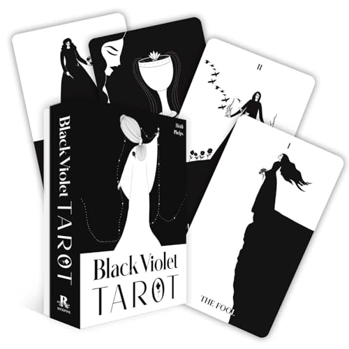 Black and white tarot deck with minimalist, figurative illustrations.