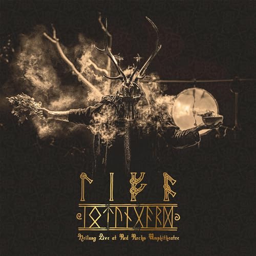Heilung album cover: figure with antlers, runes, and smoky, dark background.