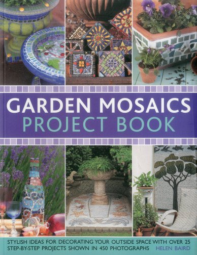 Book cover showing various mosaic garden projects including planters, decorative tiles, and outdoor art.
