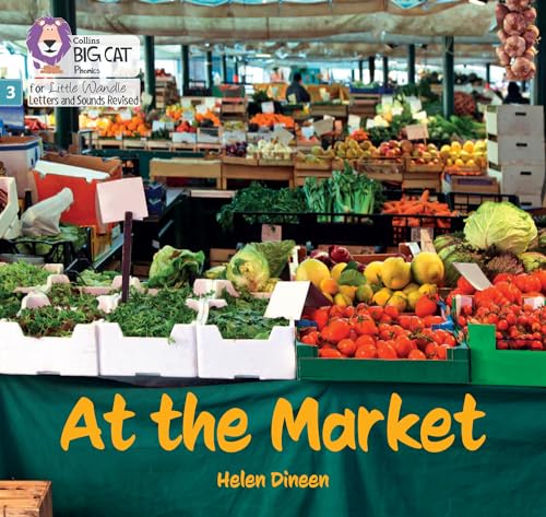 Book cover: colorful market scene with fruits, vegetables, and the title “At the Market”.