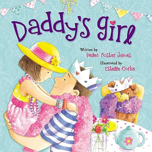 Illustration of a girl dressing her dad in a pink boa and crown.