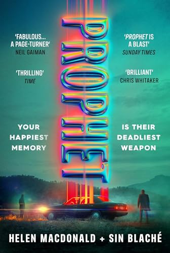 Book cover for "Prophet" with neon title, car, and distant figures.