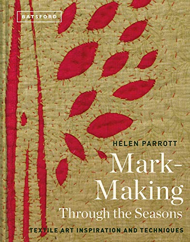 Book cover with red fabric shapes stitched onto a textured, olive-green background.