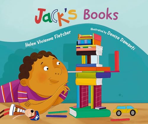 Illustration of a boy looking at a tall, colorful stack of books.