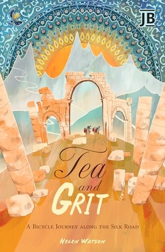 Book cover showing two cyclists riding through ancient stone ruins against a mountain backdrop.