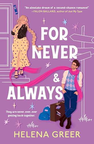 Book cover: illustrated couple on stairs, pink and blue design.