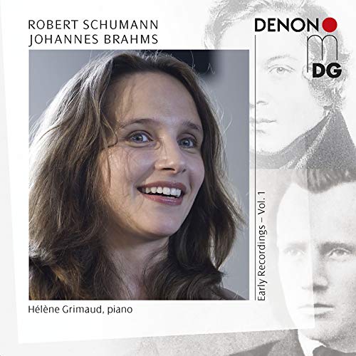 CD cover featuring pianist Hélène Grimaud and portraits of Schumann and Brahms.