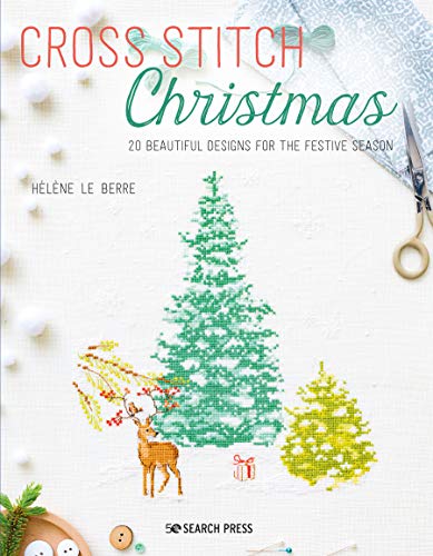 Book cover featuring cross-stitched Christmas trees, reindeer, and gift.
